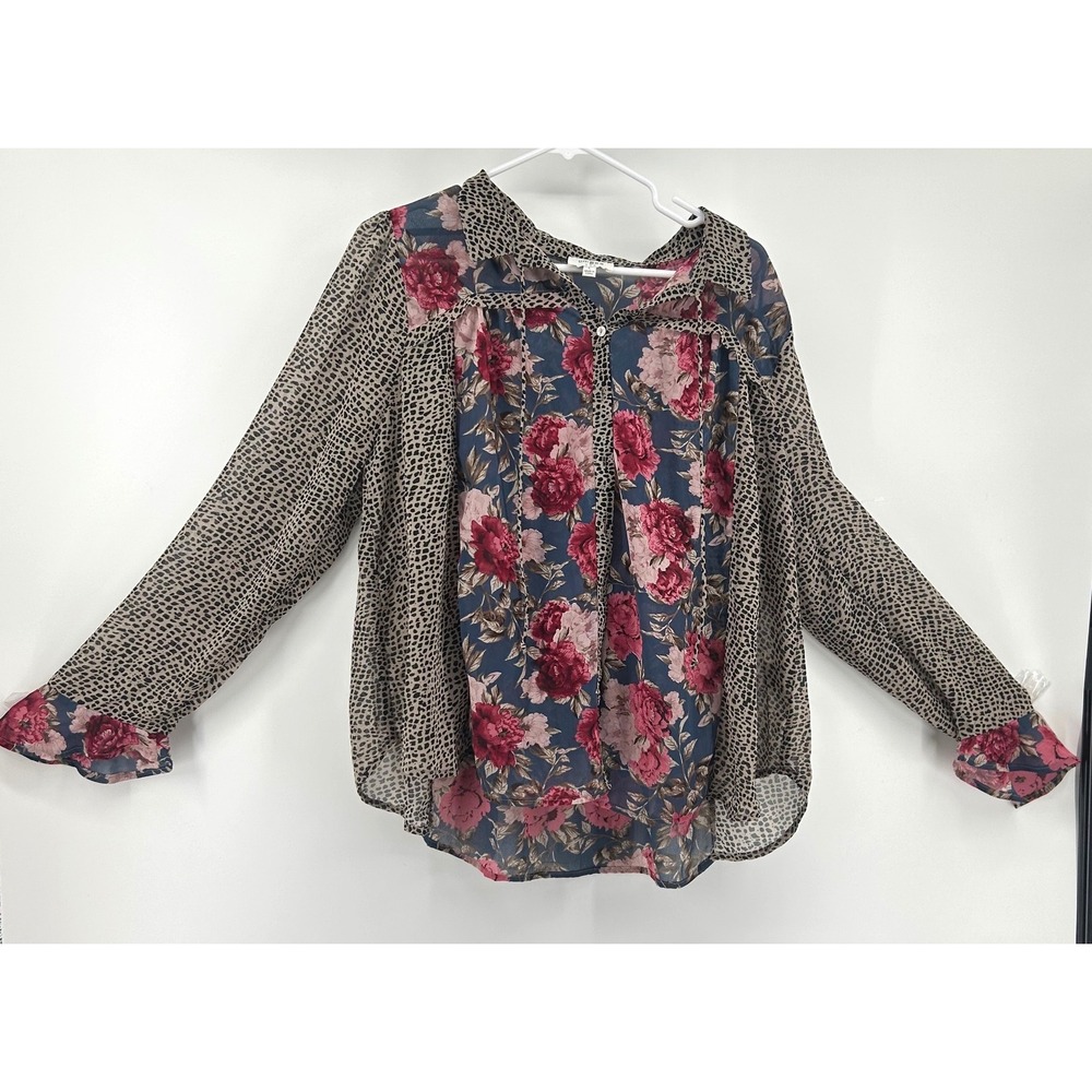 Umgee Women Floral Leopard Print Mixed Media Button Down Blouse Blue Large